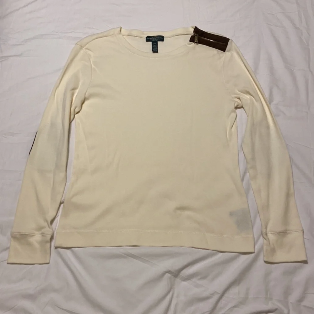 Ralph Lauren VTG LSleeve Pullover Ivory & Brown Elbow Patches, Zipper SZ P/L, EC - Picture 7 of 12